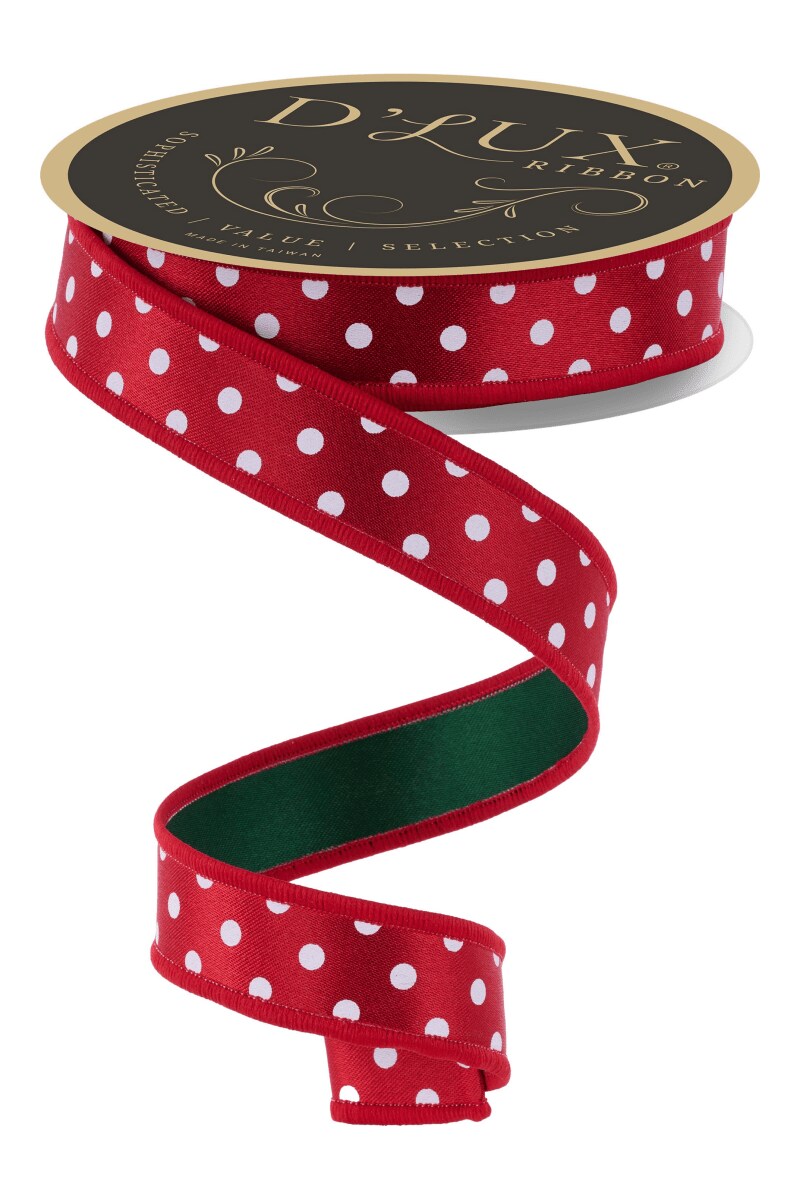 7/8&#x22; Small Polka Dot Fused Ribbon: Green/Red (10 Yards)
