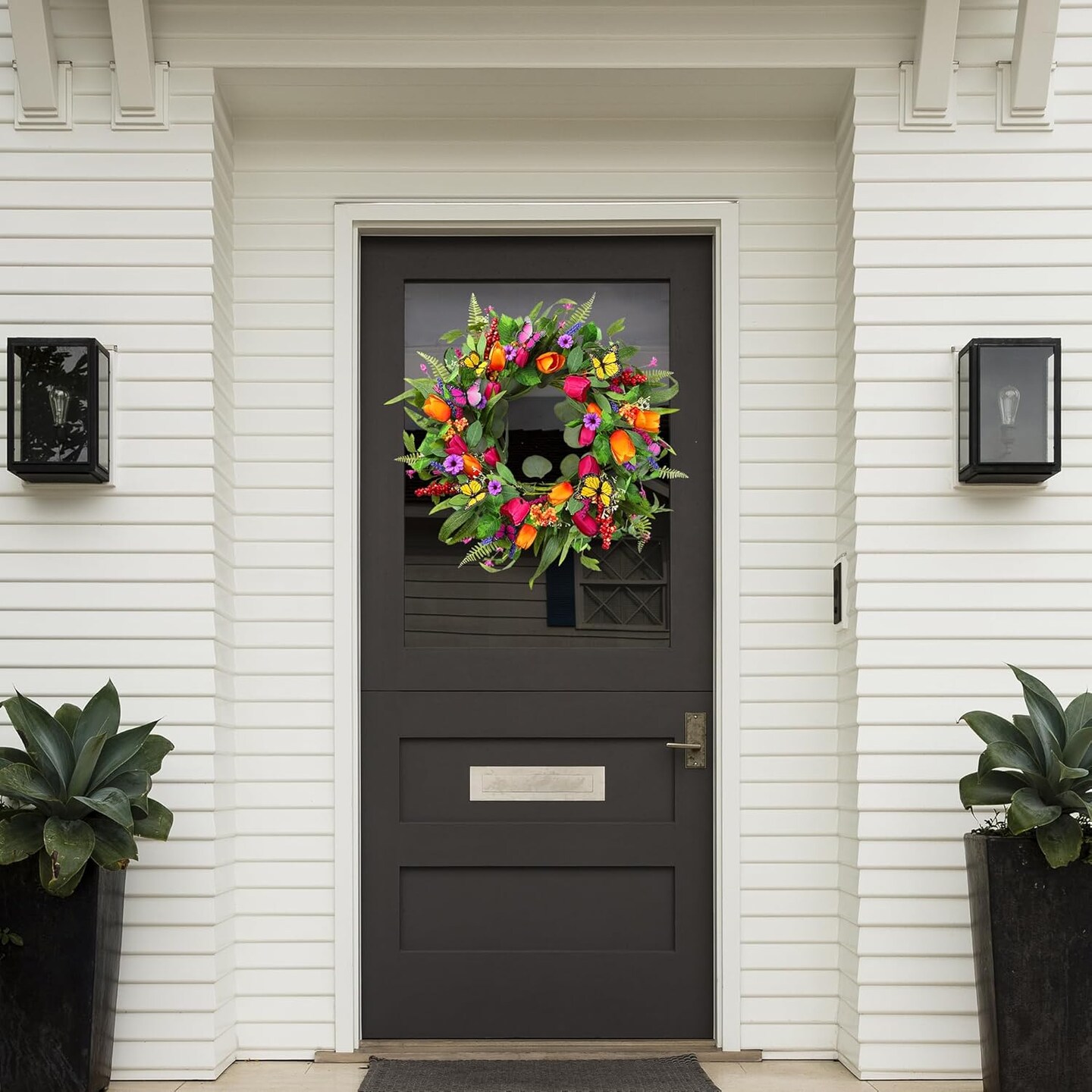 Spring Summer Wreath for Front Door 22 Inch Artificial Tulips Wreath with Eucalyptus Leaves Lavender Ferns Colorful Silk Flowers Butterflies for Home Farmhouse Indoor Outdoor Wall Decor