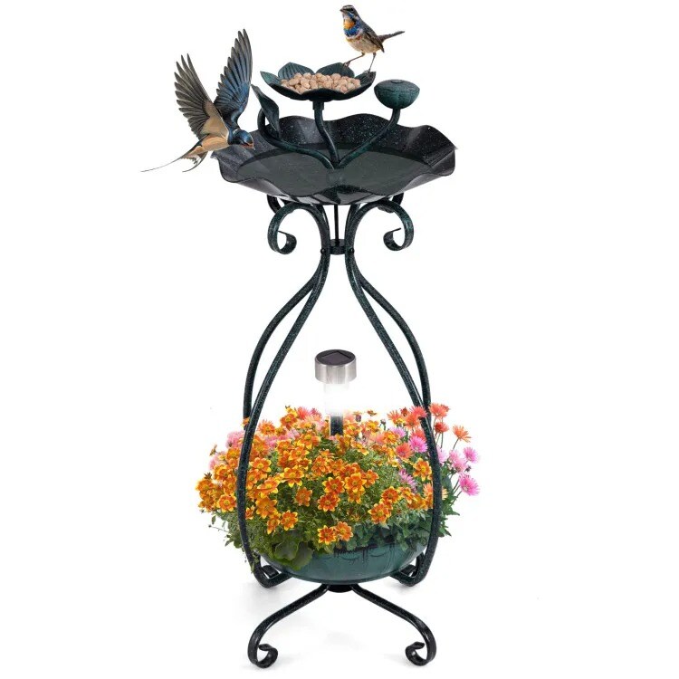 Solar Outdoor Bird Bath &#x26; Feeder Combo with Flower Planter