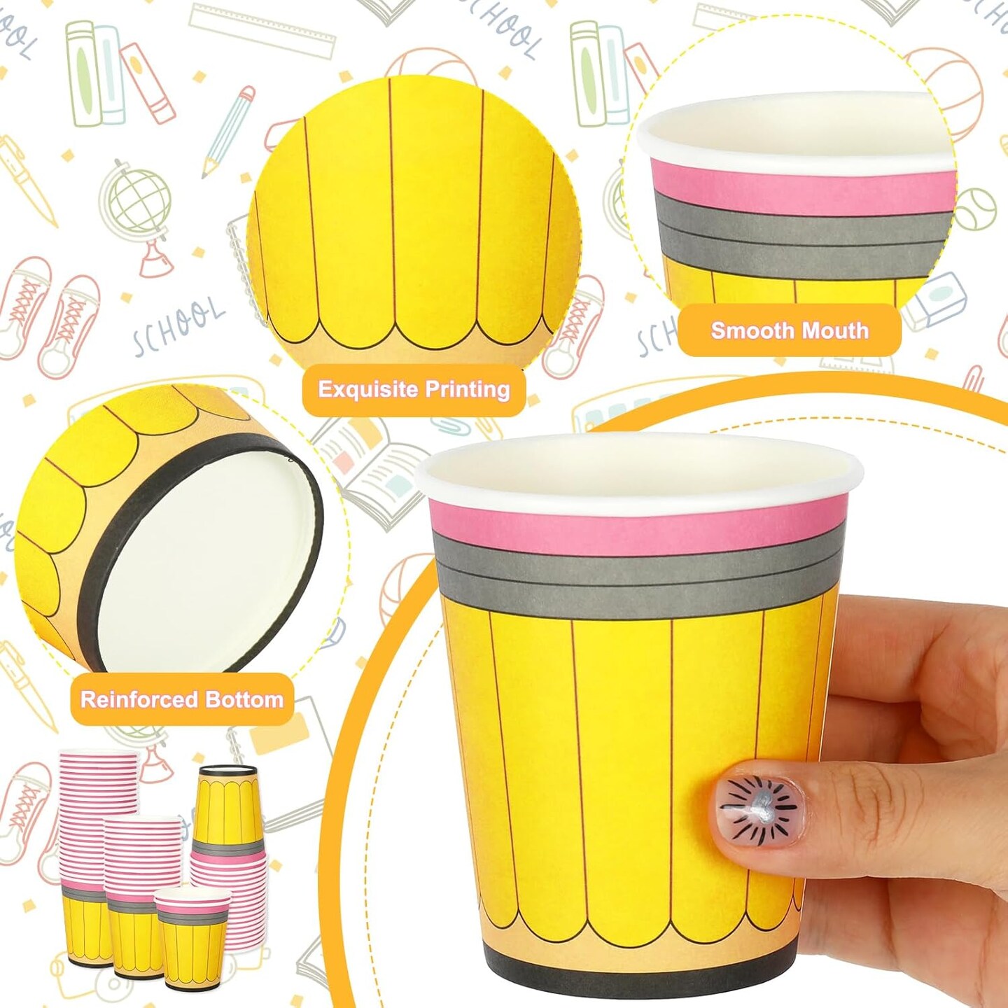 50Pcs Back to School Paper Cups 9 oz Yellow Pencil Design Disposable Cups School Season Coffee Tea Cups Cute Small Snack Cups for First Day of School Party Supplies