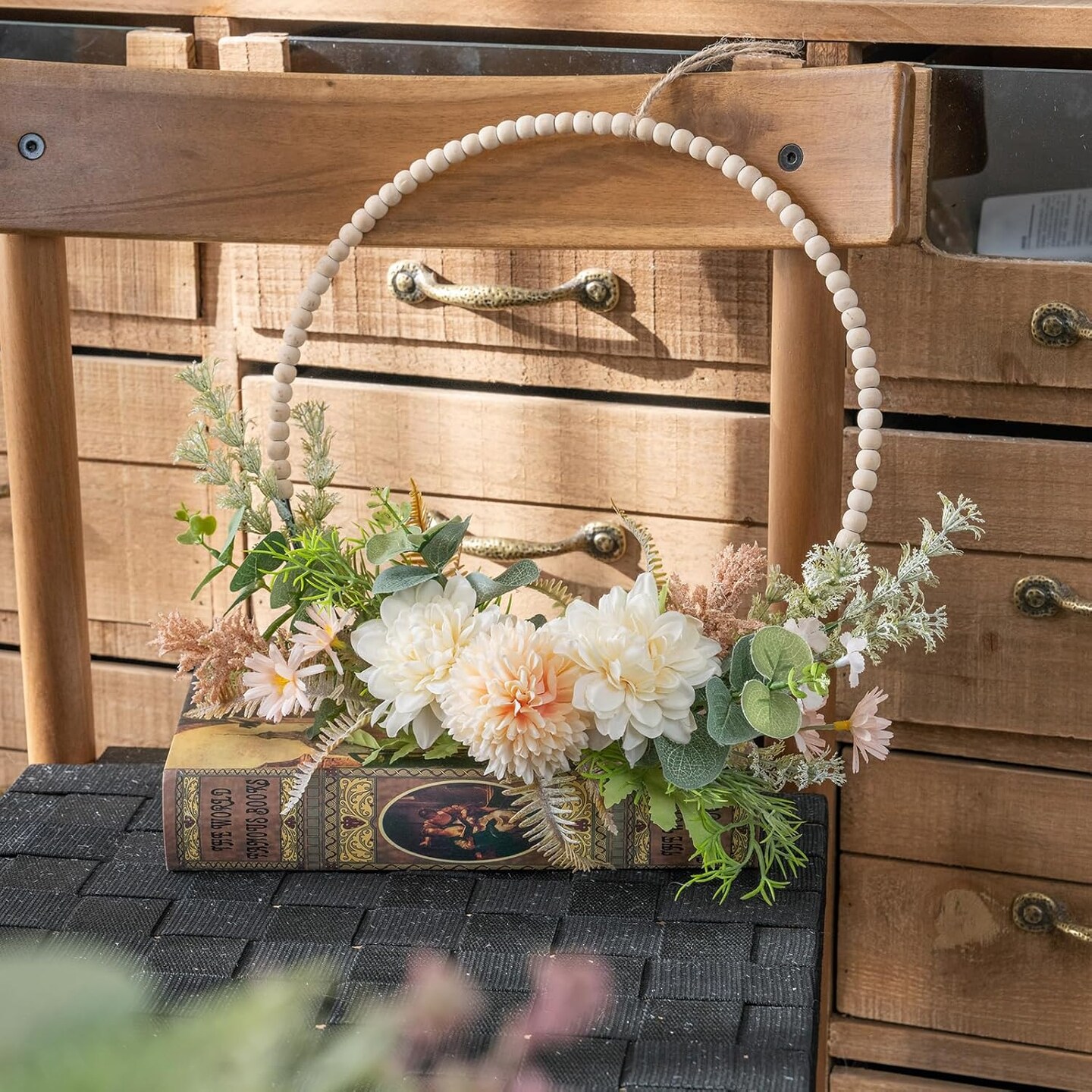 Artificial Flower Wreath for Front Door Floral Hoop Wreath Decor with Wood Beads Milk White Flowers Green Leaves Summer Home Decor