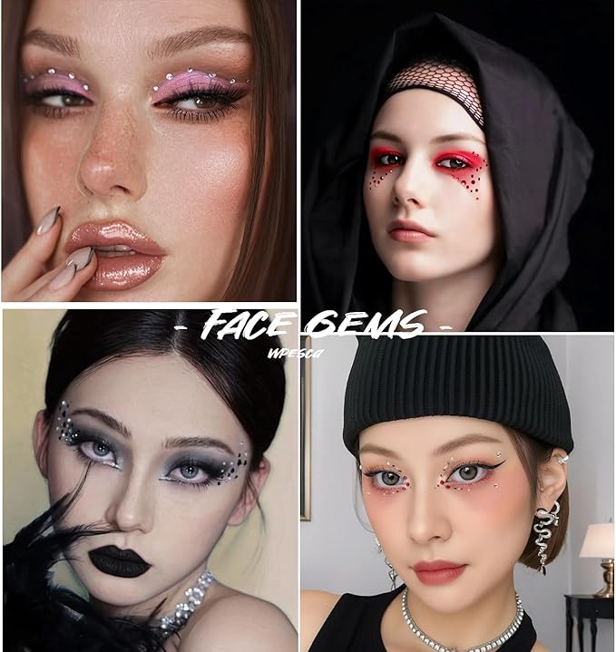 5 Sheets Black Red and Clear Face Gems, Self Adhesive Crystal Accessories, Tiny Face Jewels for Makeup, Eyes, Body, Hair, Nail, Crafts, DIY (2 2.5 3 4 5mm)