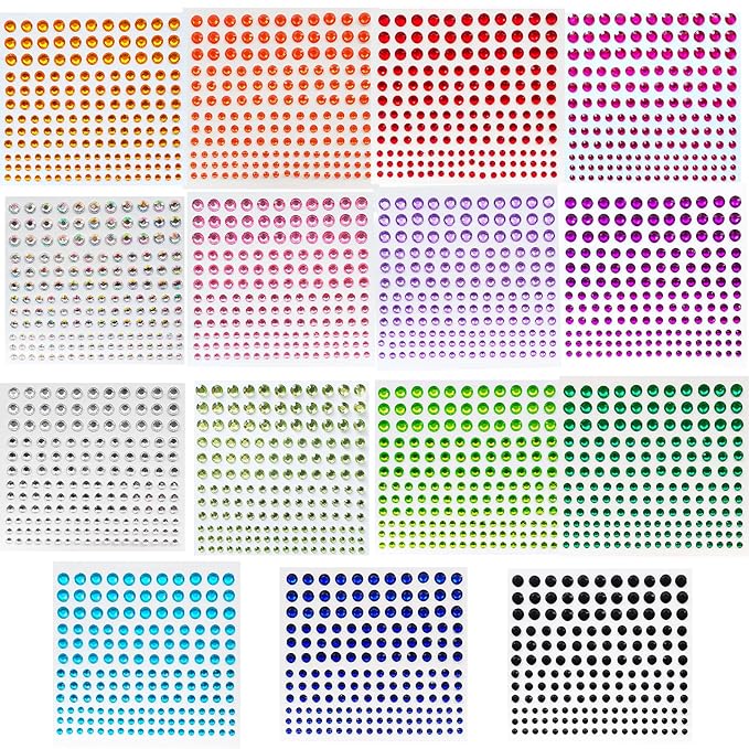 2475 Pcs Self Adhesive Rhinestone Stickers for Face Nail Eyes Decor,4 Size 15 Color Bling Sticky Gems for Body Makeup,Stick on Acrylic Jewels for CraftCard Decorations