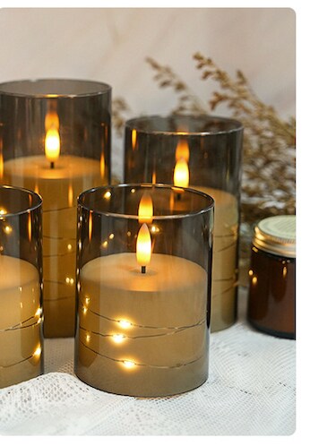 Designer&#x2019;s Shop CS-7306 Flameless LED candle with String Star Lights and Remote Control Timer. 3 pc packed, color : Grey