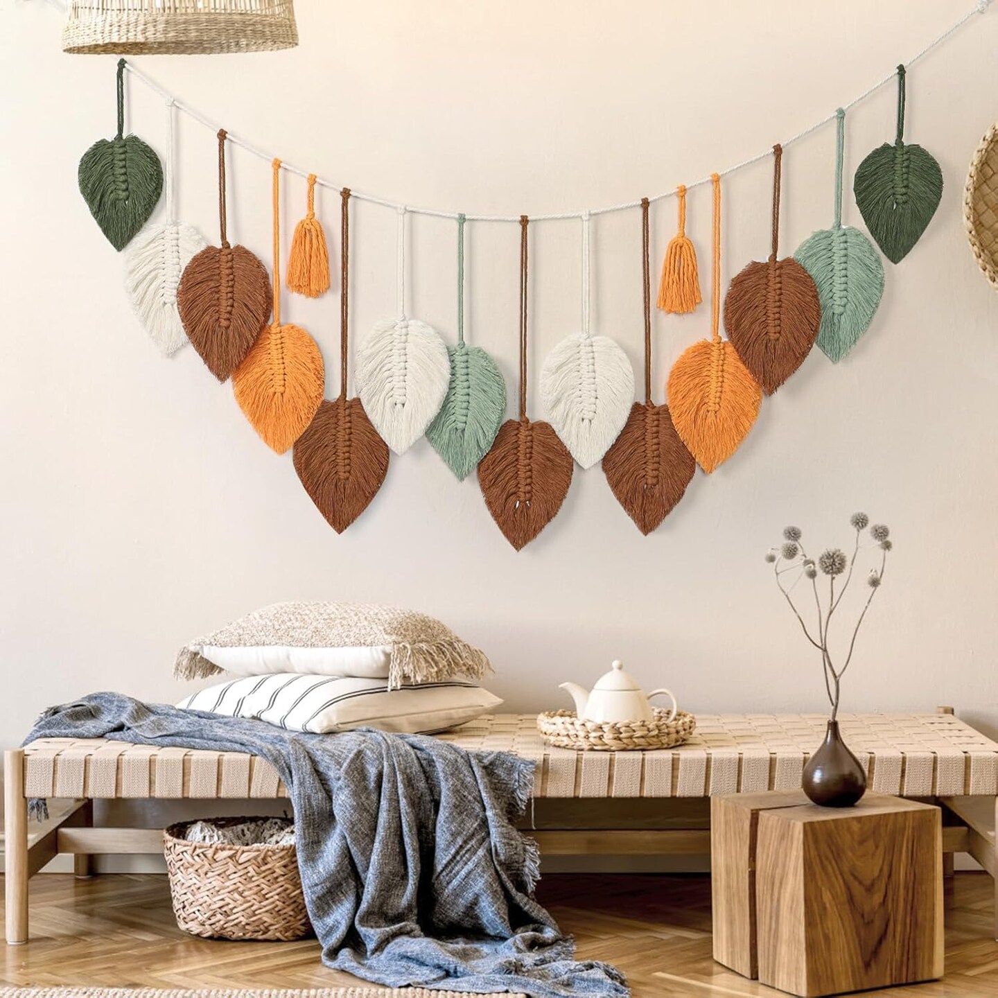 Macramé Wall Hanging – Boho Woven Tapestry with Colorful Leaf & Feather Design, Handmade Yarn with Tassels, Chic Bohemian Wall Art for Nursery, Bedroom, or Living Room Backdrop