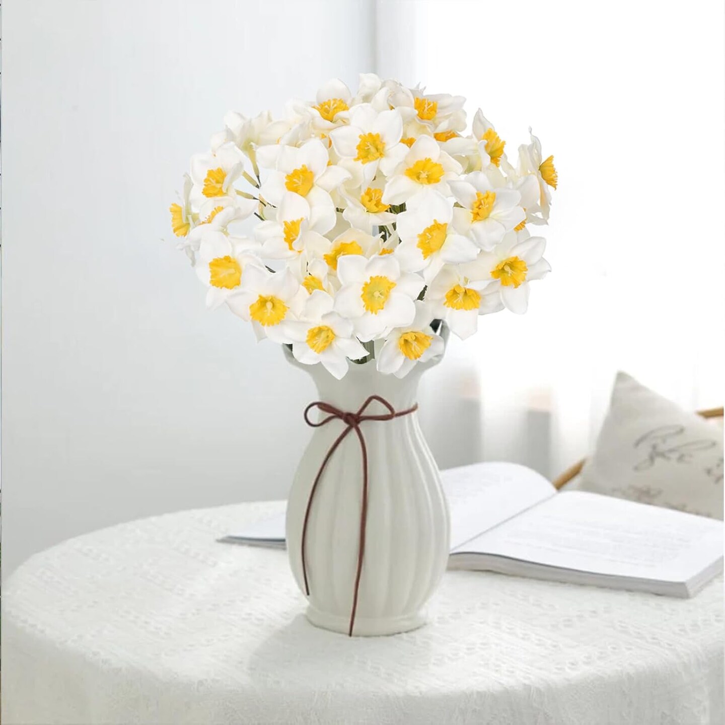 12 Stems Daffodils Artificial Flowers 2 Bunches Real Touch Fake Narcissus Flower 9in Silk Spring Fake Flowers Wedding Floral Decor Bouquet for Home Party Wedding Office Anniversary Decor,White