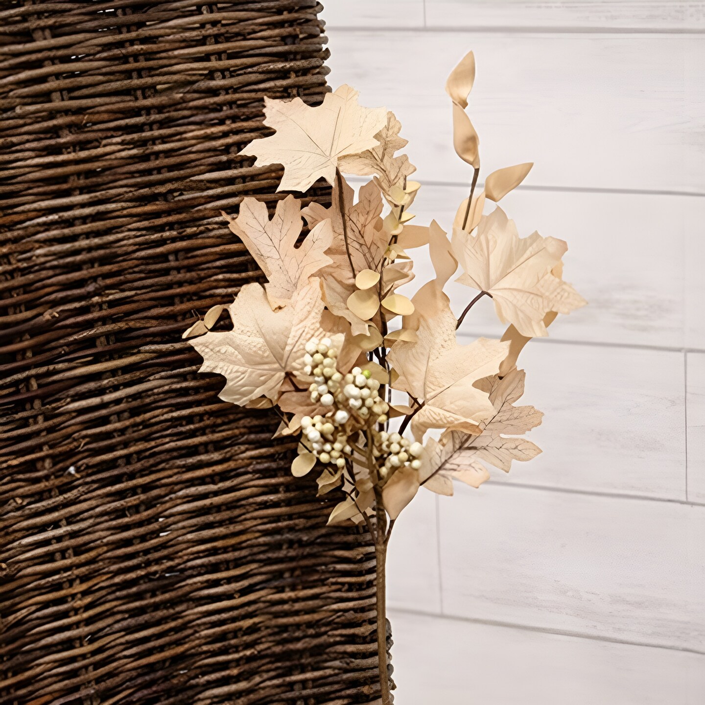 Cream Fabric Natural Fall Leaves Pick with Foam Berries and Eucalyptus