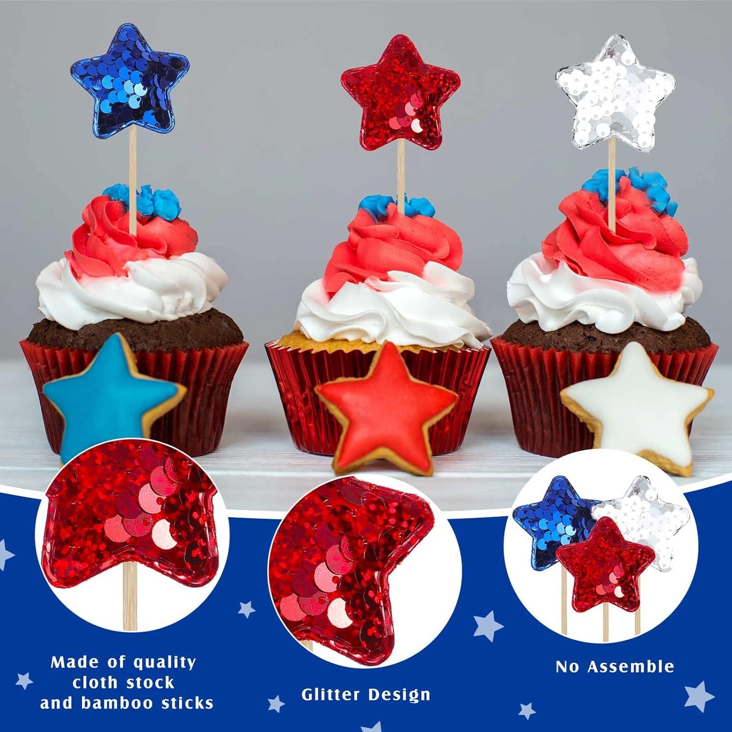 120 Pcs Glitter Star 4th of July Cupcake Toppers Patriotic Cupcake Toppers Glitter Independence Day Cupcake Picks Blue Red Silver Cupcake Toppers for Independence Day Party Supplies Favors