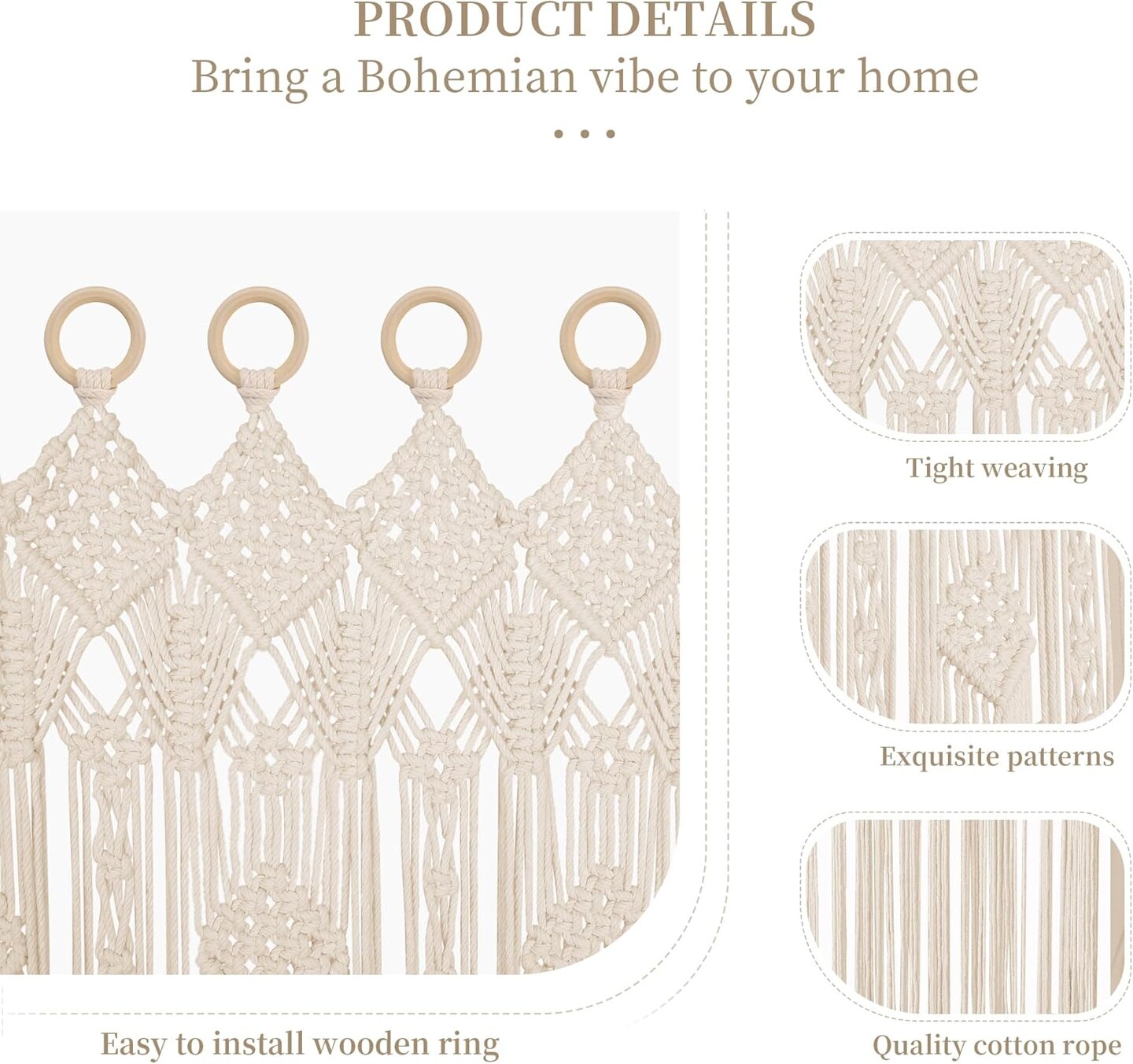 Boho Macrame Window Curtain Room Divider Doorway Curtain 79 x 35 Inches Large Long Macrame Wall Hanging for Living Room Bedroom Bohemian Home Decor Wedding Backdrop, Gypsophila - 1 Panel L