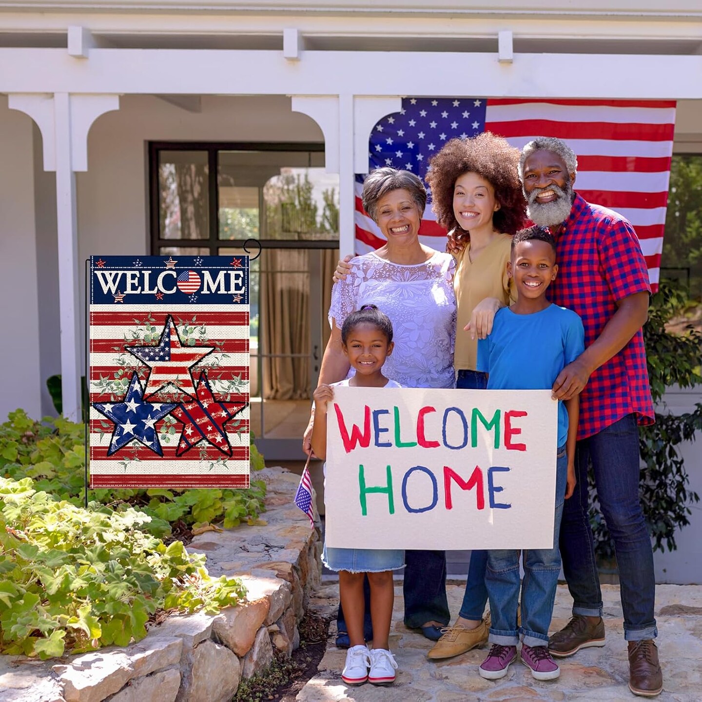 4th of July Garden Flag, featuring a double-sided patriotic leaf and stars-and-stripes design—perfect for Independence Day, Memorial Day, and outdoor welcome décor; linen yard flag, 12×18".
