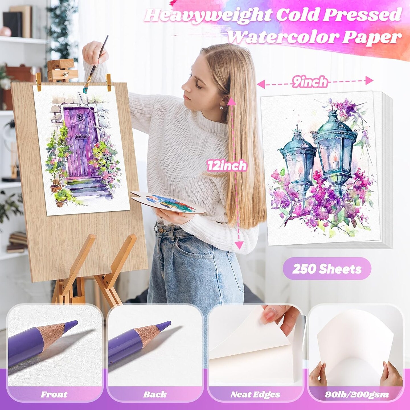 64 Sheets Watercolor Paper, 5&#x22;x7&#x22; Water Color Paper, 140lb/300gsm Artist Sketch Easel Acrylic Painting Loose Drawing Paper Bulk, Art Supplies for Kids Child Adults, Watercolors, Watercolor Paint Set