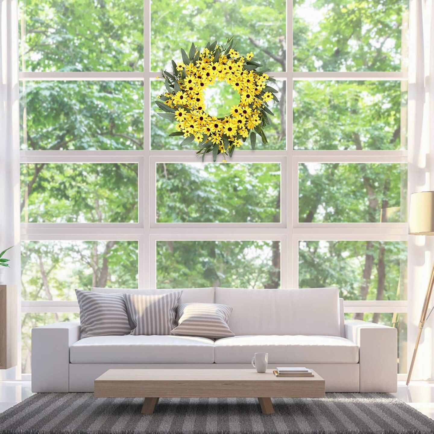 Yellow Spring Wreath 22 Inch Summer Wreath with Sunflower and Daisy Flower Wreaths for Front Door Window Wall Decoration and Indoor Outdoor Decor