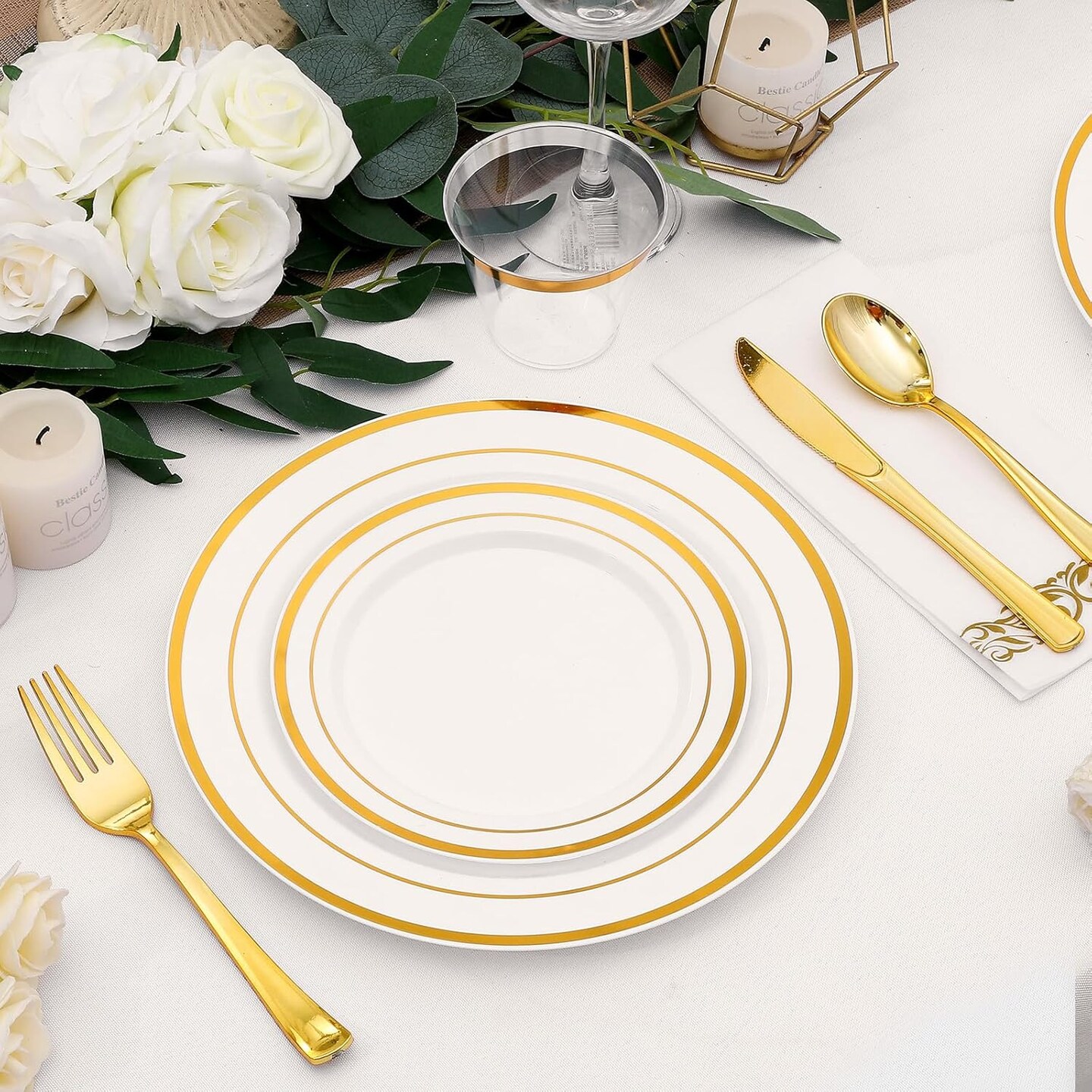 350-Piece Gold Rim Plastic Dinnerware Set – Elegant Disposable Tableware for 50 Guests, Perfect for Parties and Weddings. Includes Dinner Plates, Dessert Plates, Gold Silverware, Napkins, and Cups.