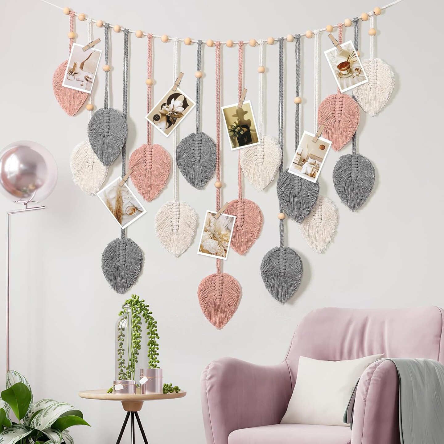 Macramé Wall Hanging – Boho Leaves Tapestry with Handmade Yarn Feathers, Chic Pink & Gray Woven Wall Art for Bedroom, Living Room, Nursery, or Office Backdrop