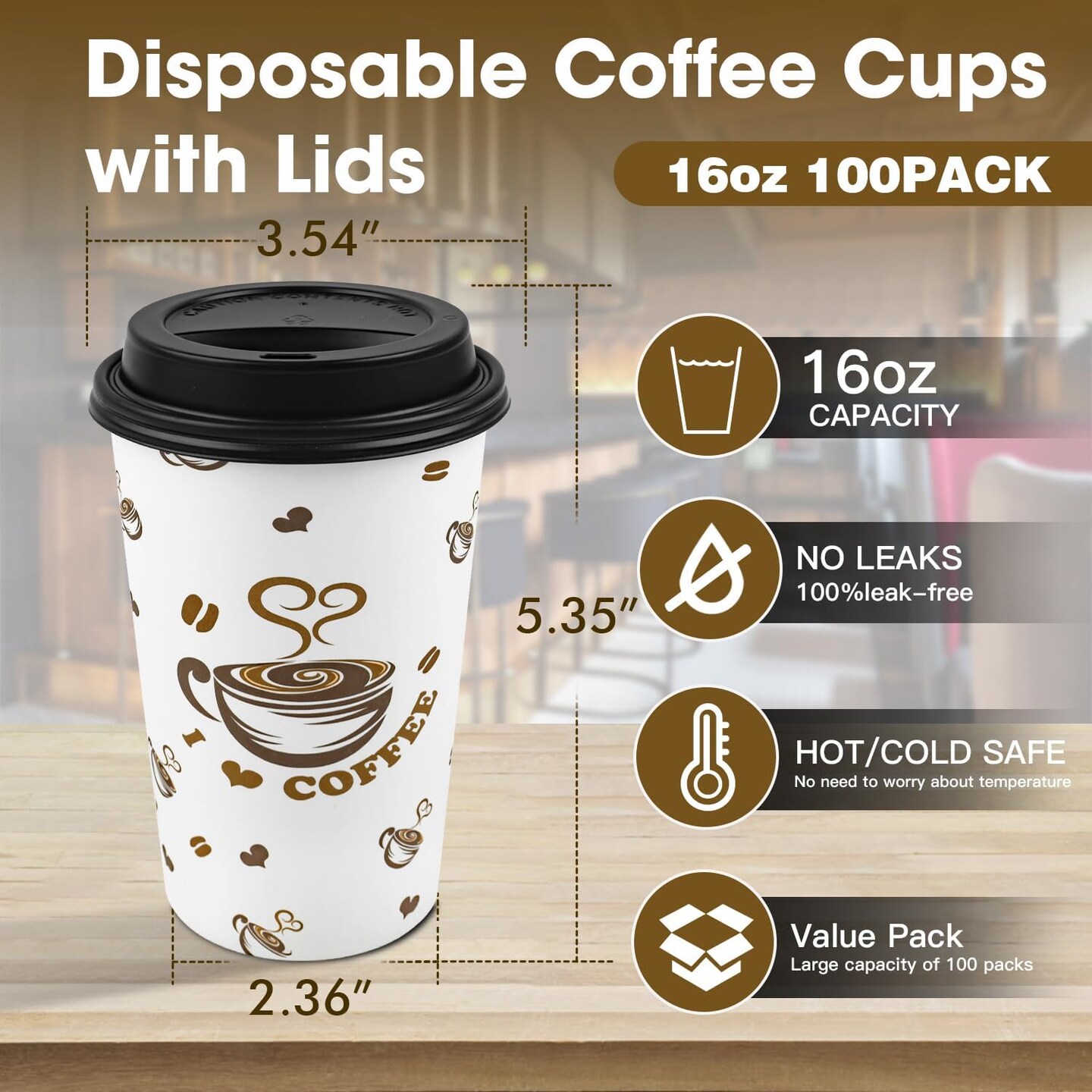 100 Pack Disposable Paper Coffee Cups with Lids 16 oz, To Go Hot Cups for Hot CoCoa, Chocolate and Drinks