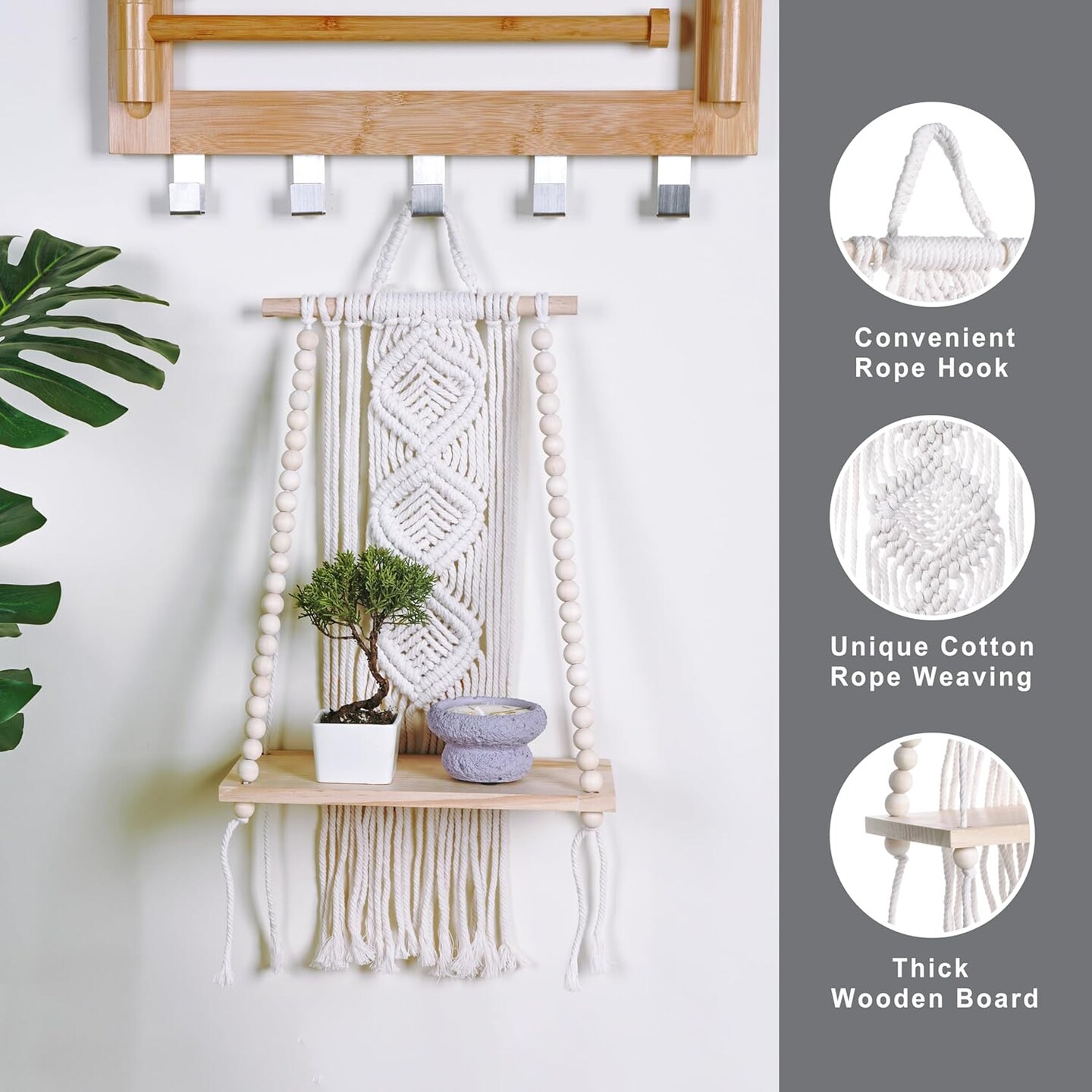 Handmade Wooden Macramé Wall Hanging with Shelf – Sturdy Beaded Rope for Plants & Home Décor – Modern Boho Wall Decoration for Living Room & Interior Design