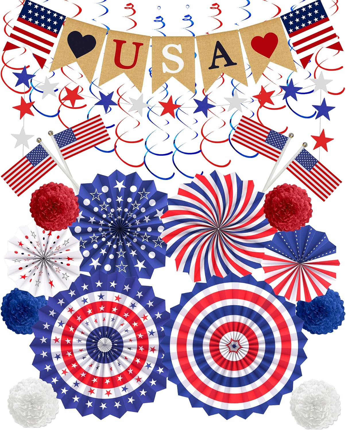 30-Piece Patriotic Decorations Set, LOVE USA Banner, American Flag Paper Fans and Pom-Poms, Red White & Blue 4th of July, Veterans Day, Labor Day, Memorial Day Indoor & Outdoor Party Decor