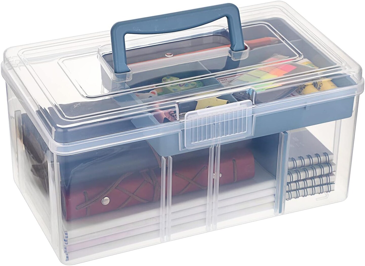 2-Layer Clear Plastic Dividing Storage Box with Removable Tray – Multipurpose Stationery Storage Box with Handle, Portable Sewing Box, Art & Craft Supply Organizer, Home Utility Box (Big Blue)