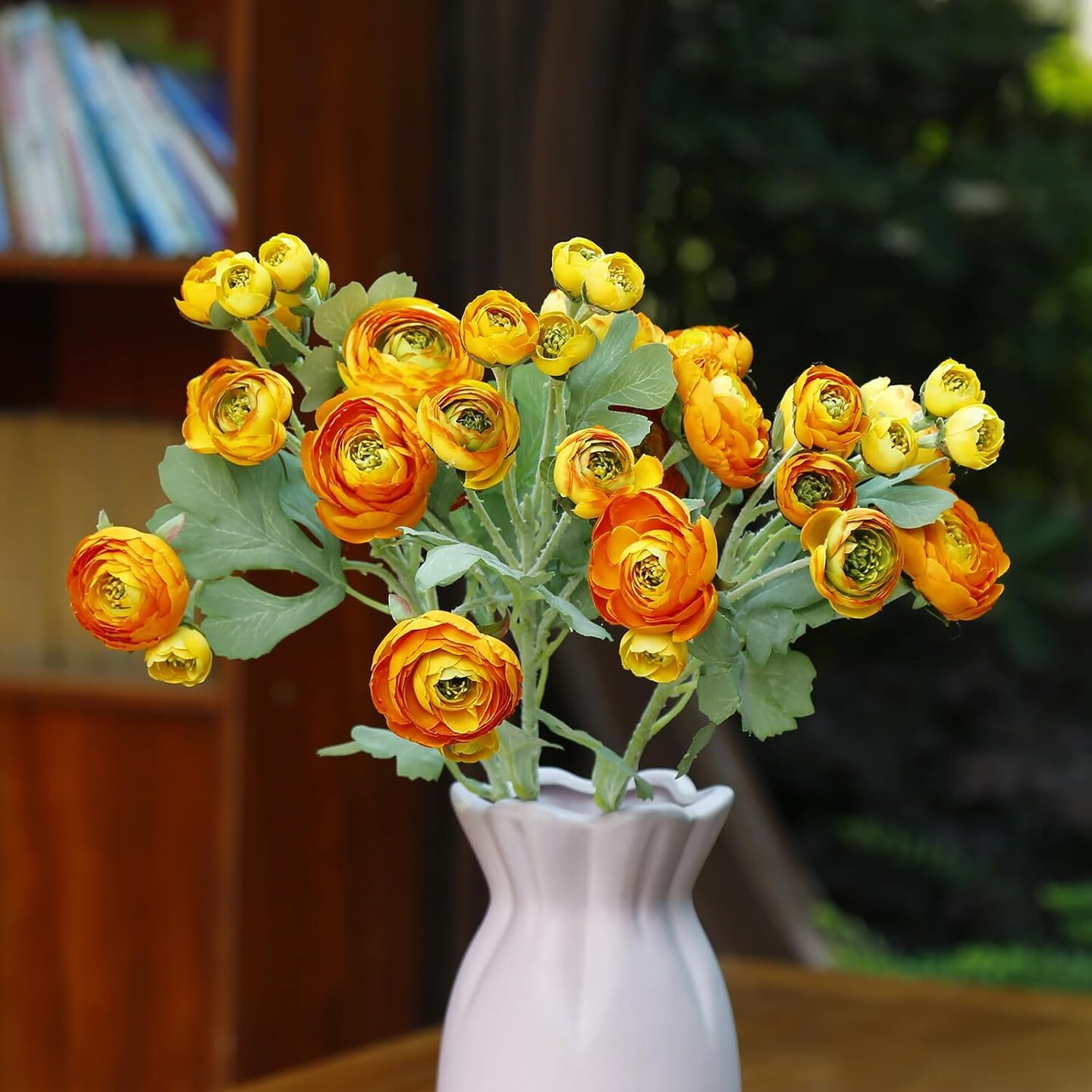 Mini Ranunculus Artificial Flowers Bulk 21.6&#x22;, 3 Pcs 36 Heads Faux Silk Ranunculus Bouquets for Home Decor Indoor, Long Stems Fake Flowers for Wedding Centerpiece. (Orange Yellow)