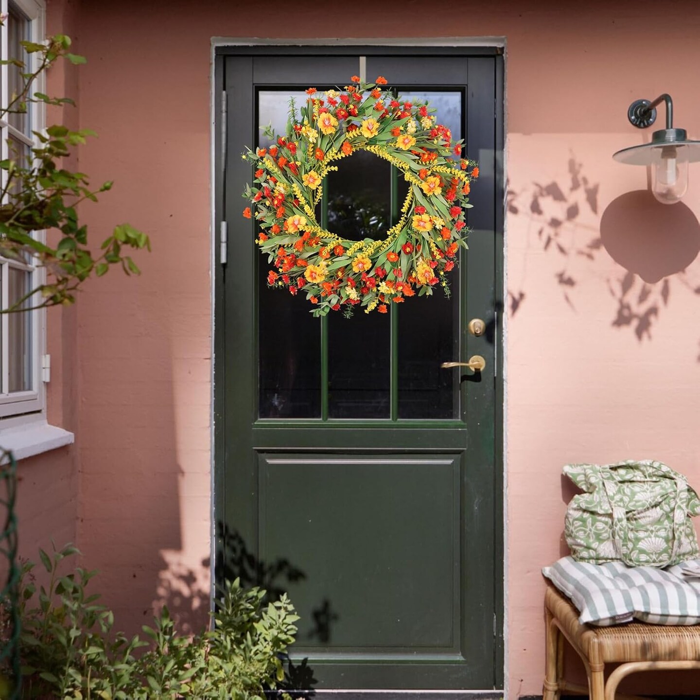 26" Spring Wreaths for Front Door Artificial Floral Wreath with Wildflowers Portulaca Easter Summer Decorations for Indoor Outdoor Window Wall Farmhouse Home Front Porch Decor Red and Yellow