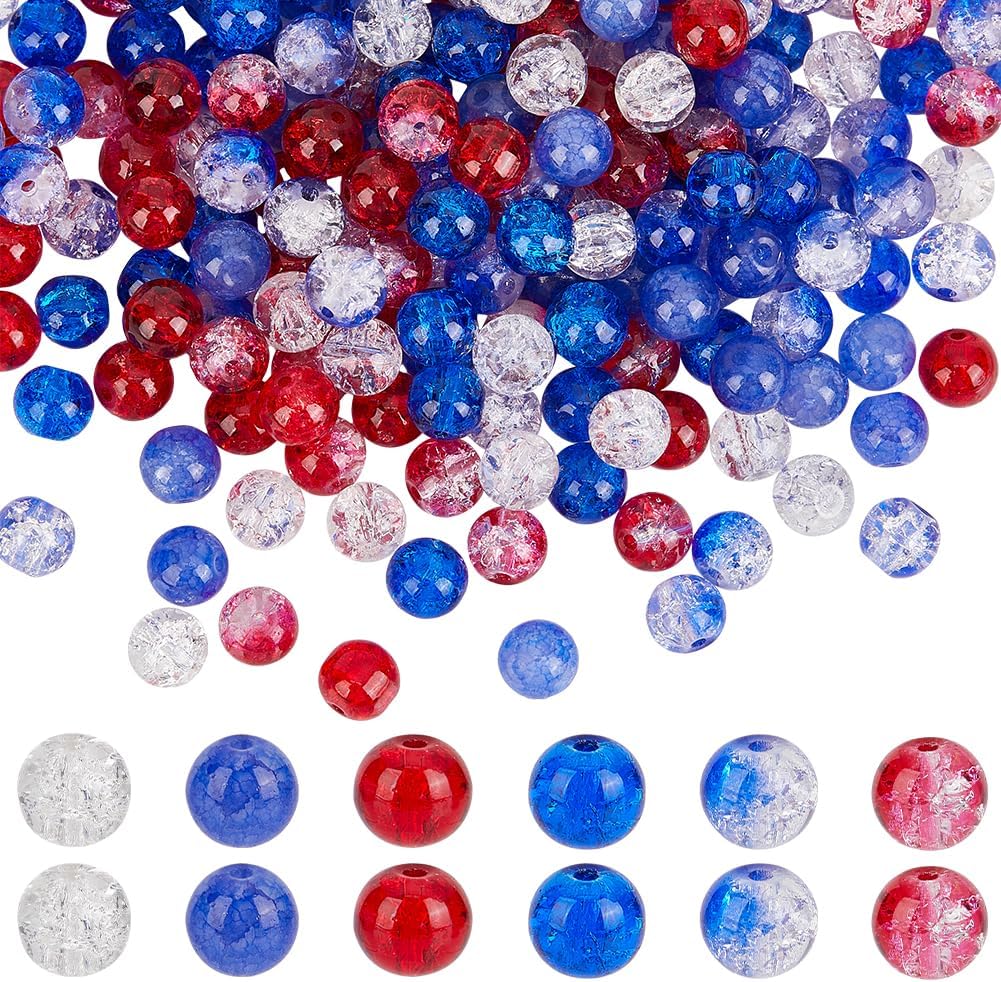 240pcs Red White Blue Glass Beads, 6 Colors Patriotic Beads 8mm Round Glass Beads Crackle Loose Beads for Beaded Baseball Necklace