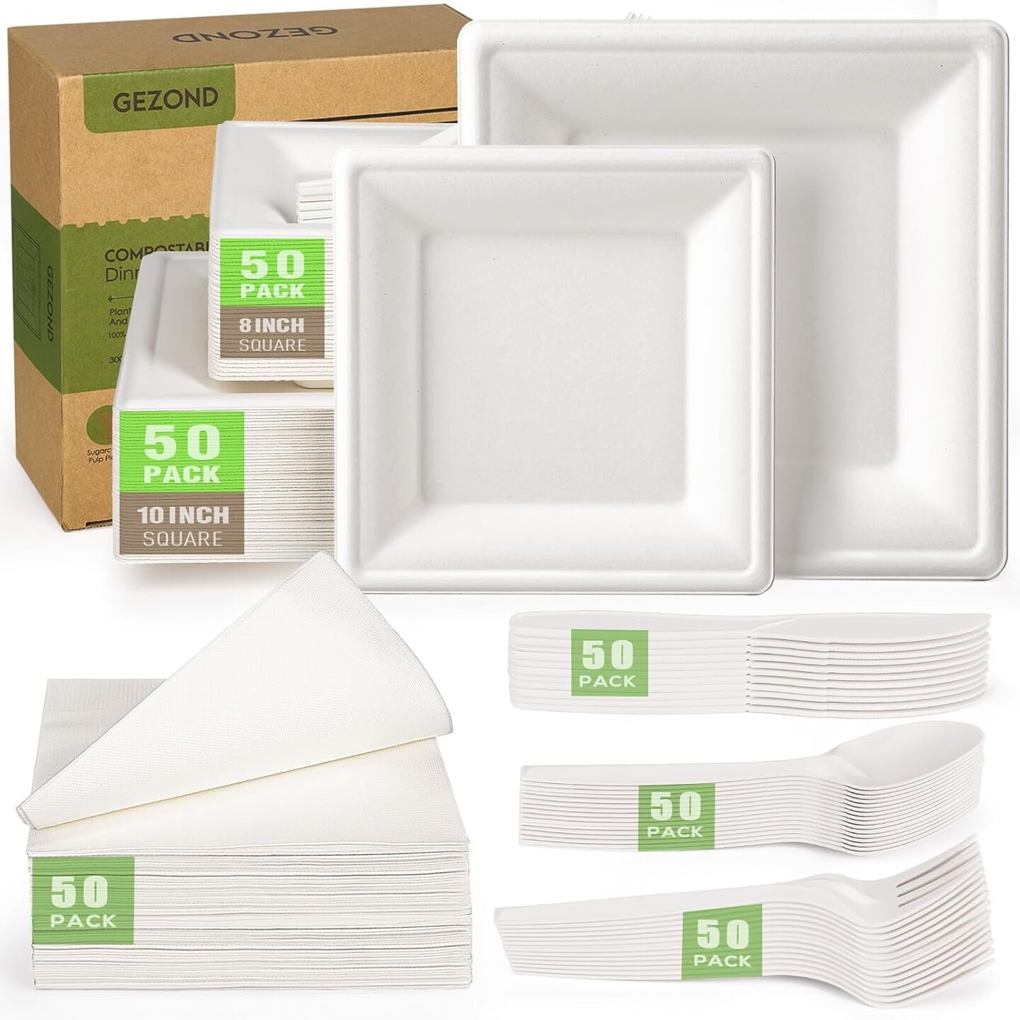 300-piece compostable paper plates set, featuring 10-inch eco-friendly white square plates made from sugarcane pulp. This set includes biodegradable napkins and heavy-duty disposable utensils, perfect for parties and events, offering a sustainable an
