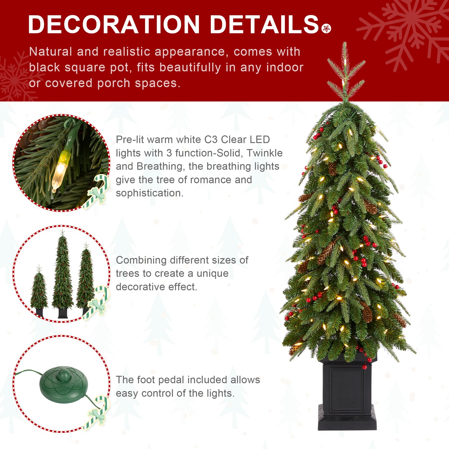 Set of 2/3 4/6/7FT Green Artificial Christmas Porch Tree with red berries,pinecones and warm white lights,3 function w/Foot Pedal