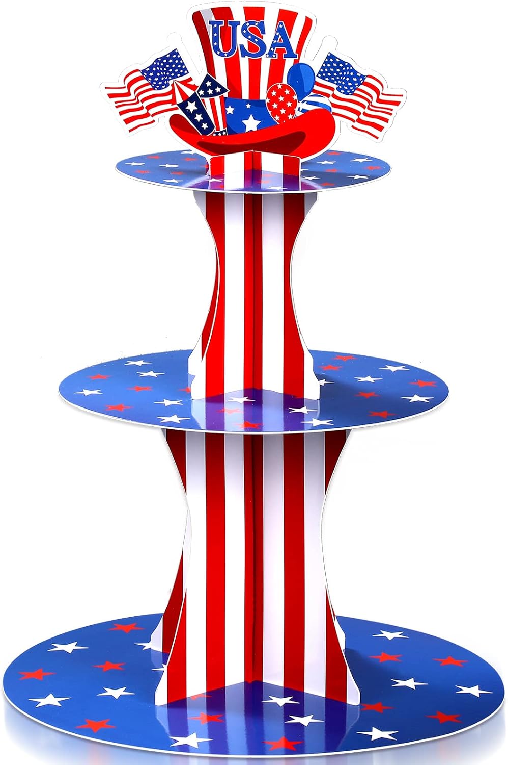 4th of July Cupcake Stand 3 Tier Patriotic Cardboard Cup Cake Holder Stand Independence Day Dessert Tower Display USA American Flag Star Pastry Serving Platter for Veterans Day Memorial Day Decor