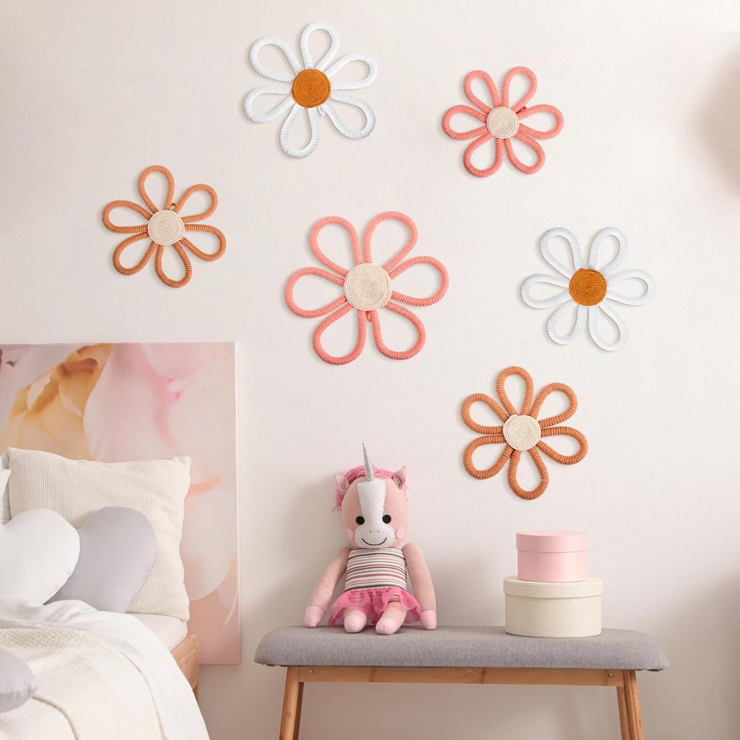 6 Pcs Boho Nursery Decor Daisy Flower Woven Macrame Wall Hanging 3 Size Daisy Flower Wall Decor Bohemian Nursery Decorations for Home Dorm Art(Pink, Brown, White)
