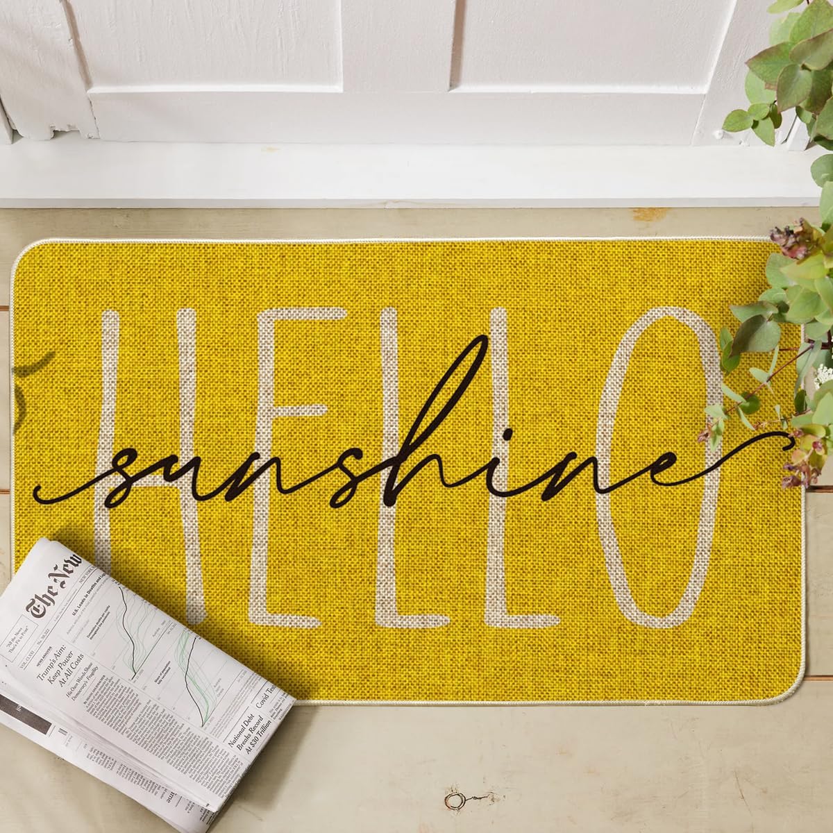 Yellow Hello Sunshine Summer Decorative Doormat, Seasonal Spring Holiday Low-Profile Floor Mat Switch Mat for Indoor Outdoor 17 x 29 Inch