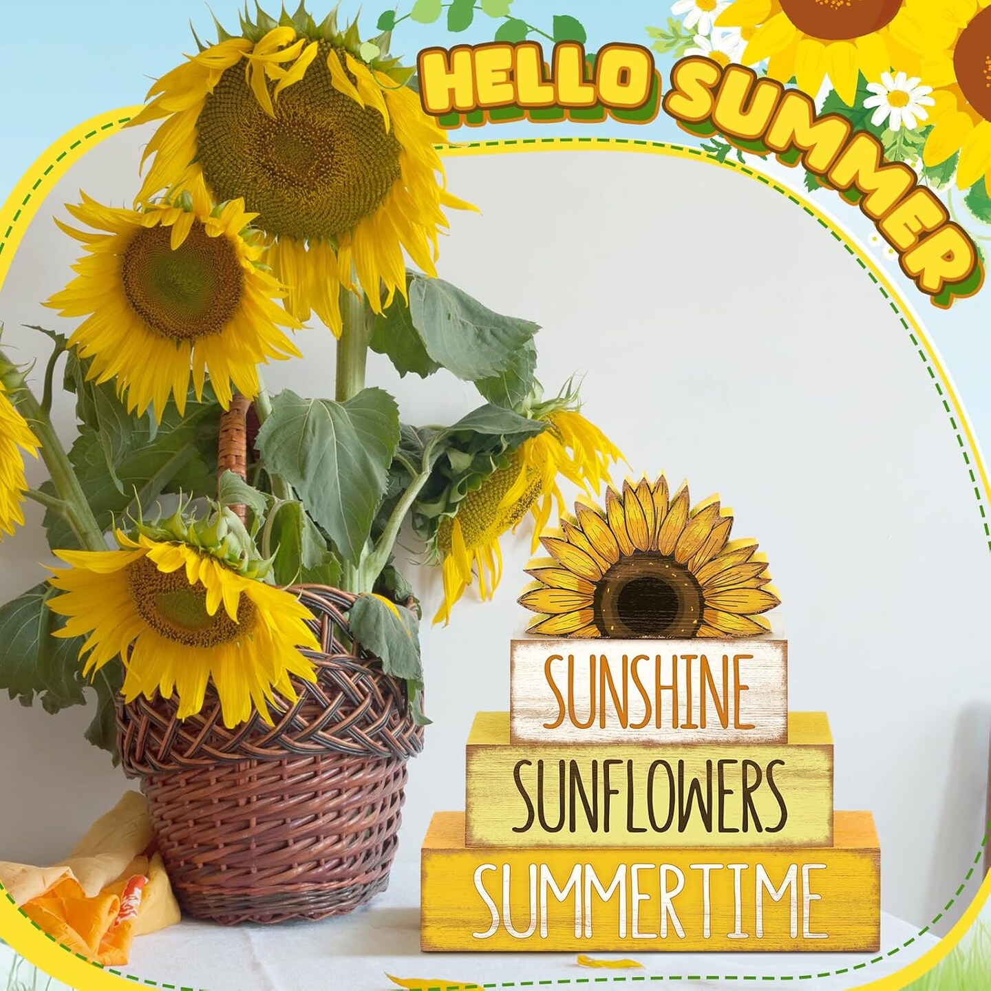 4 Pcs Summer Wooden Tiered Tray Decor Farmhouse Rustic Table Decor Books Stack Block Signs for Table & Home Office Decorations(Sunflower Style)