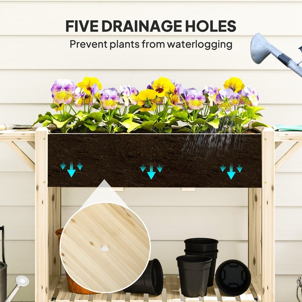 Wood Raised Garden Bed with Lockable Wheels, Side Tables, Bottom Shelf &#x26; Liner