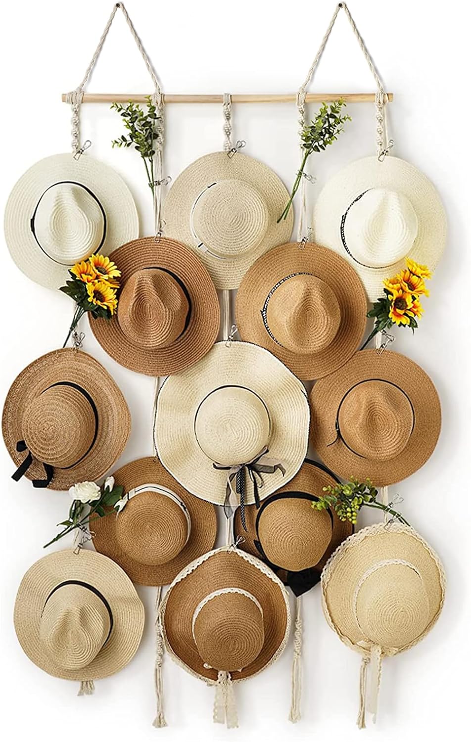Macramé Hat Rack for Wall – 31" x 53" Boho Hat Organizer with 15 Clips, Hanging Holder for Women’s Wide-Brimmed Hats, Fedora Storage and Decorative Display