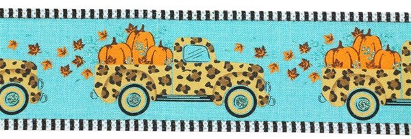 2.5&#x22; Leopard Truck Gingham Edge Ribbon: Teal (10 Yards)