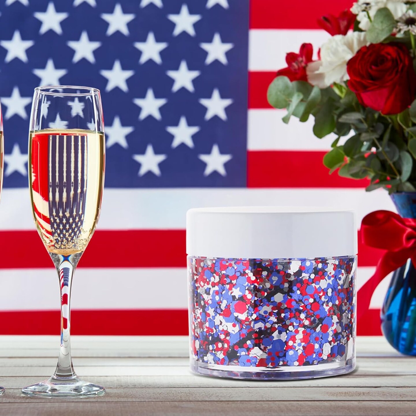 Red White Blue USA Flag Face Glitter,4th of July Accessories Independent Day Sparkle Body Glitter Face Paint,Fourth of July Outfits for Women,Festival Glitter Celebrations Holographic Makeup