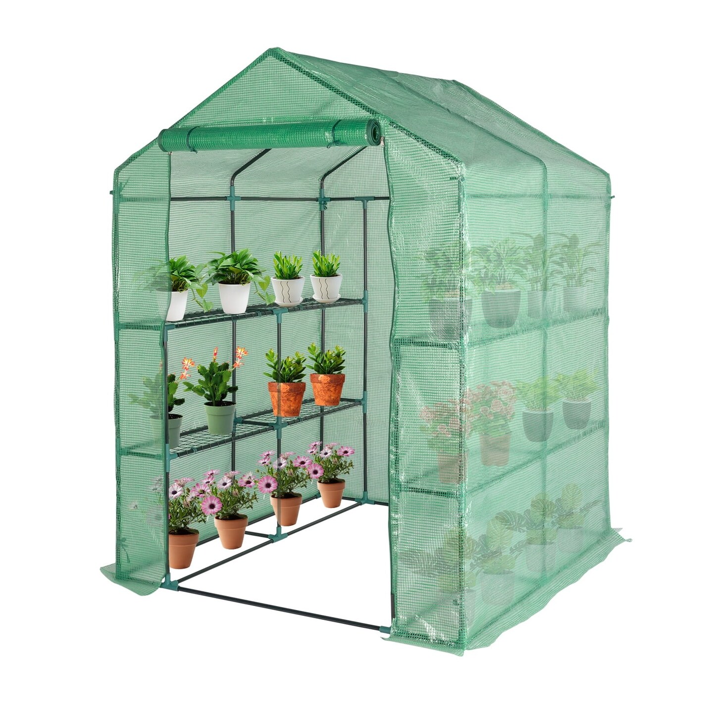 Black Iron Pipe Steeple Greenhouse with 8-Piece Grid Flower Stand