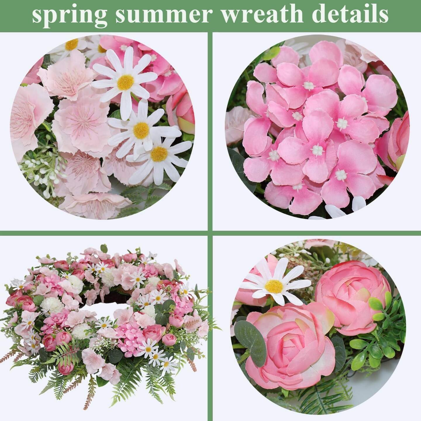 Pink Flower Door Wreath 24-26 Inch – Spring Summer Easter Wreath with Faux Silk Rose Hydrangea White Chrysanthemum Eucalyptus Leaves