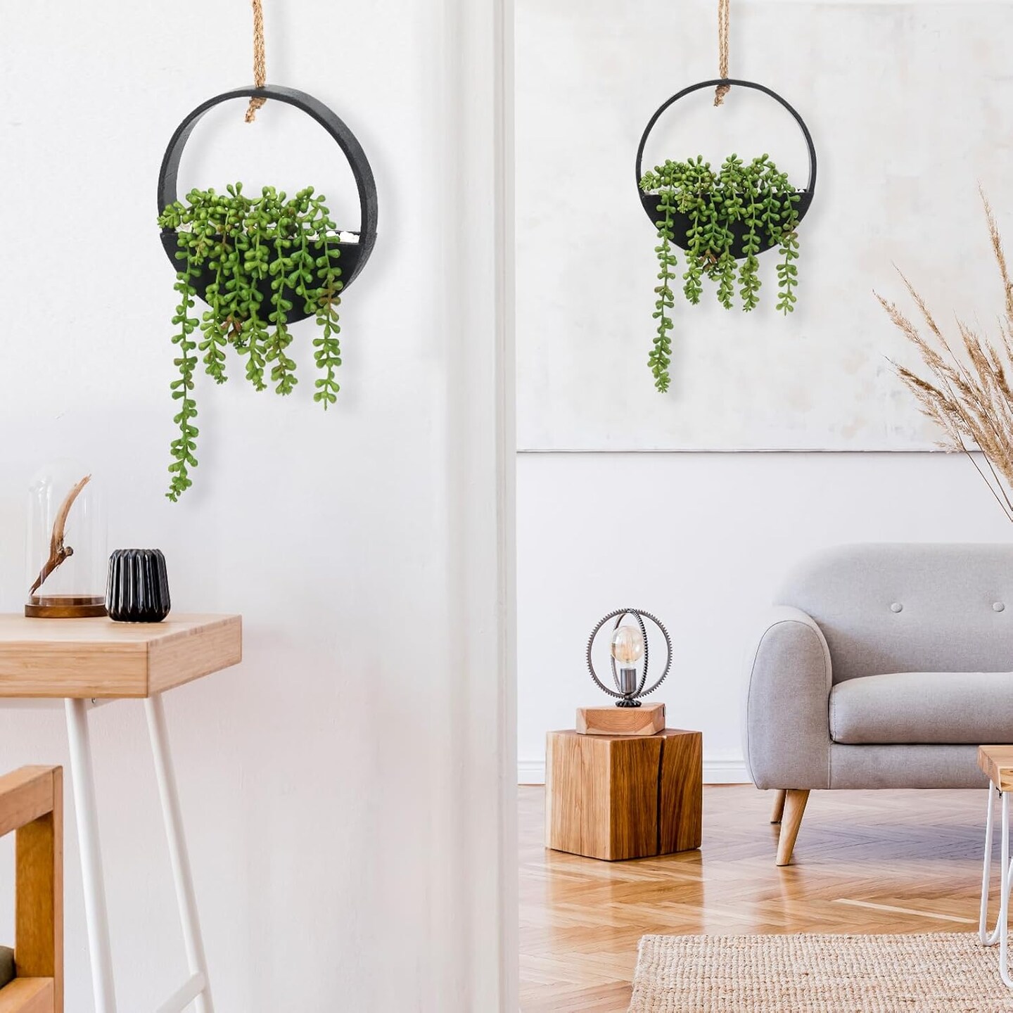 2pcs Artificial Hanging Succulent Plants, Fake String of Pearls in Pot with Lanyard Boho Wall Decor for Bathroom Living Room Home Indoor Outdoor Decorations, Black