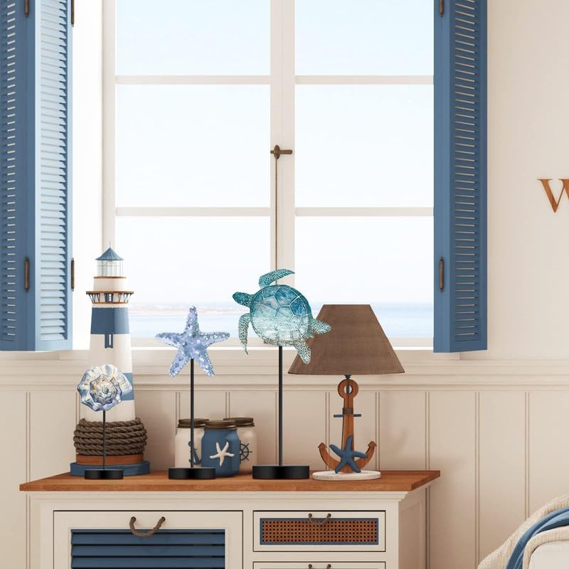 3 Pcs Summer Ocean Tabletop Decor Standing Sea Turtle Lemon Ladybug Easter Bunny Block Wooden Table Centerpiece Sign Coastal Beach Nautical Table Decor