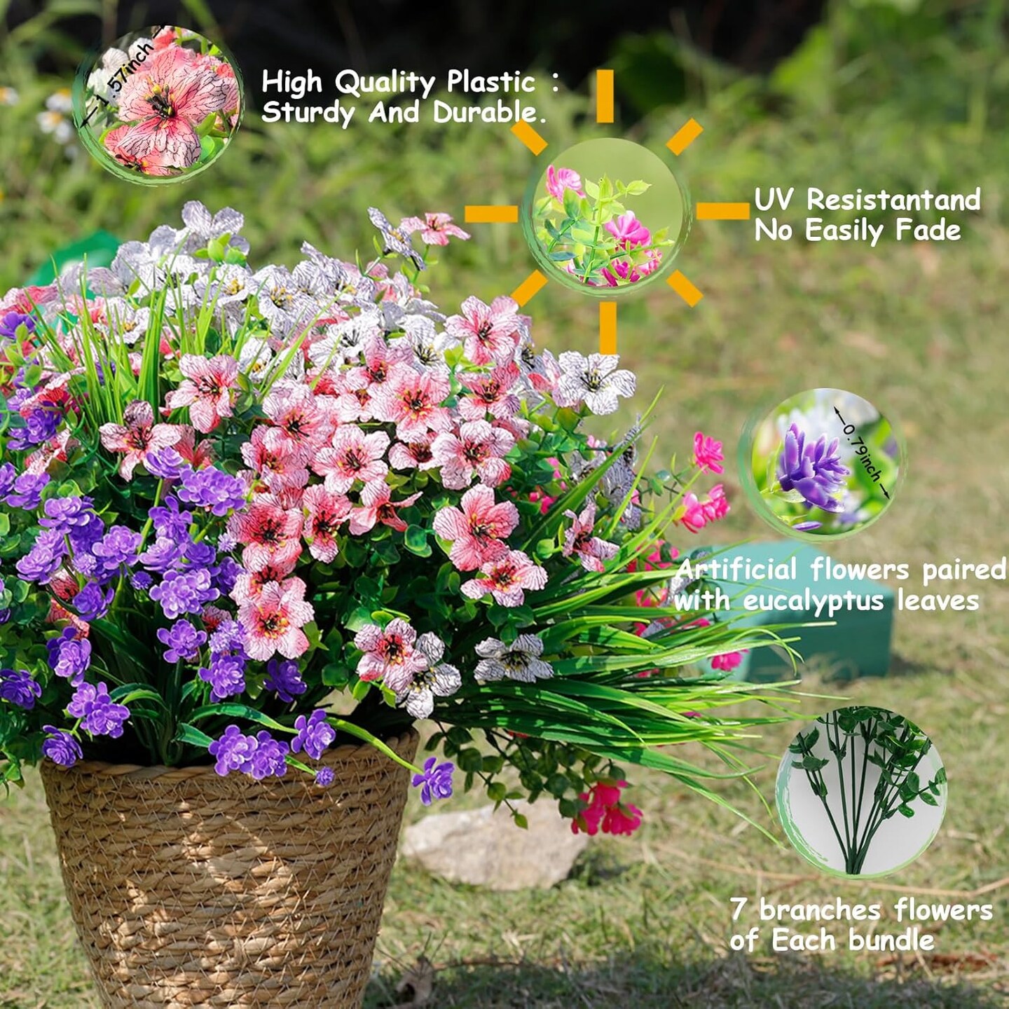 Artificial Flowers for Outdoors UV Resistant, 24 Bundles Fake Outdoor Flowers, Realistic Faux Plants Outdoor
