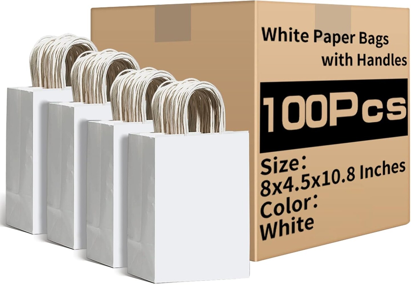 White Paper Bags with Handles Bulk 8&#x22;x4.5&#x22;x10.8&#x22; 100Pcs Gift Bags Medium Size, White Gift Bags with Handles, Gift Bag Bulk for Retail, Party, Shopping, Merchandise