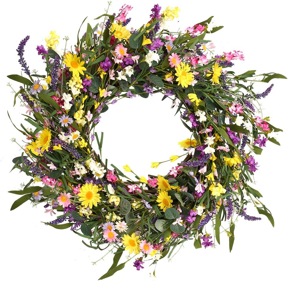 Summer Wreath 24 Inch Summer Wreaths for Front Door Artificial Flower Wreath with Daisy and Lavender for Indoor Outdoor and Easter Celebration