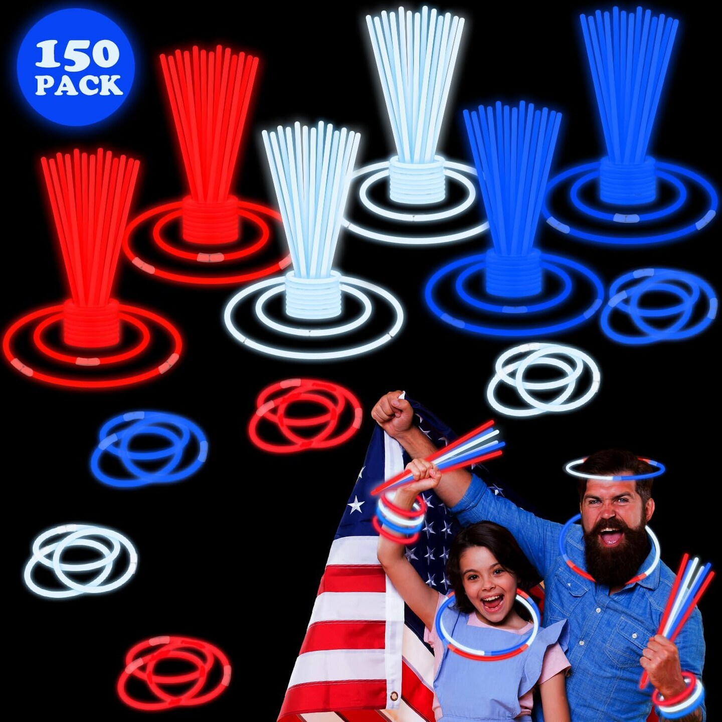 4th of July Red White Blue Glow Sticks Party Favors Supplies 150 PCS,Light Up Bracelets Necklaces Accessories Decorations for Kids