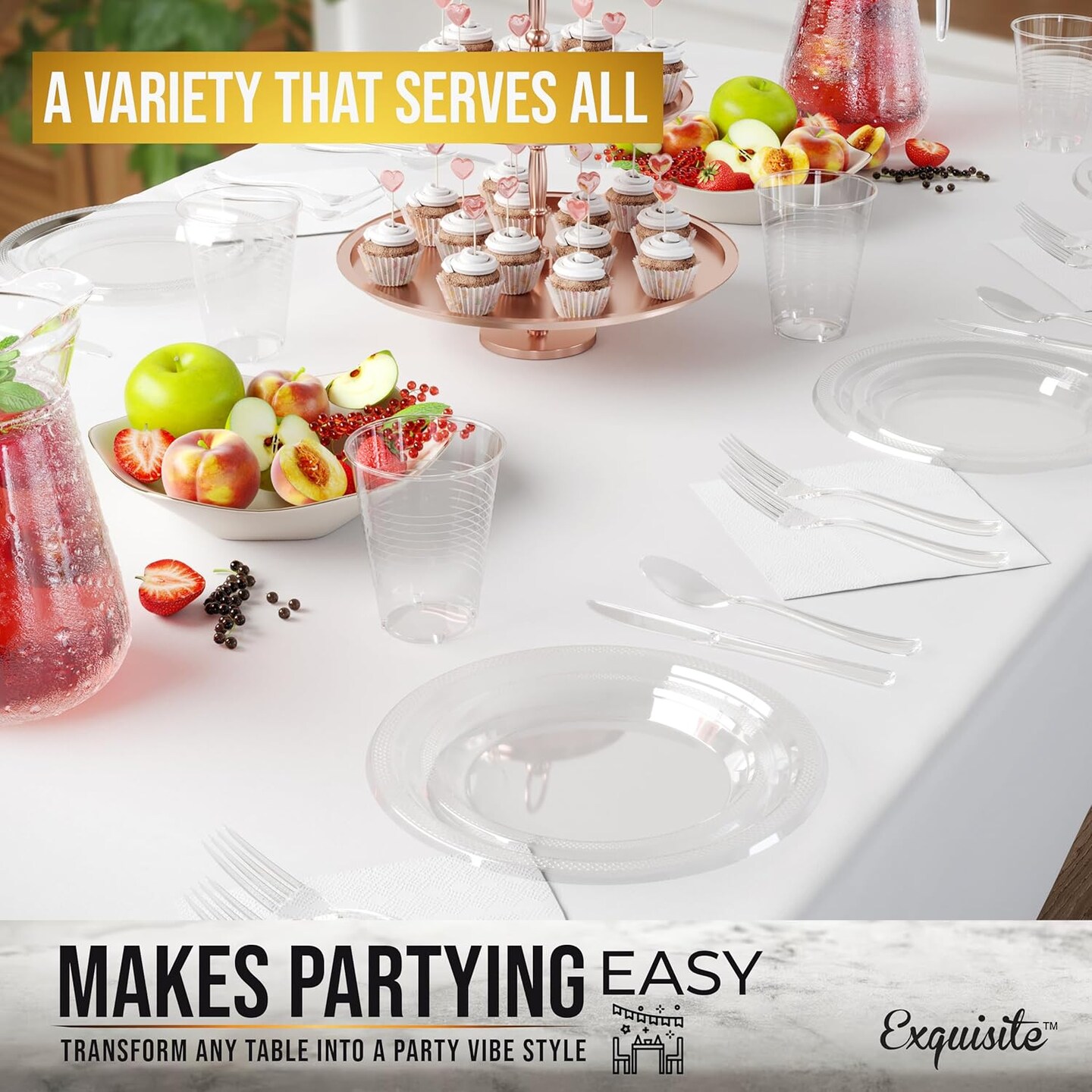350 Pcs Clear Plastic Plates For Party, Clear Disposable Plates Set, 50 Of Each 9&#x22; Dinner Plate Set, 7&#x22; Dessert Plate, Cups, Napkins &#x26; Cutlery Plastic Dinnerware Exquisite