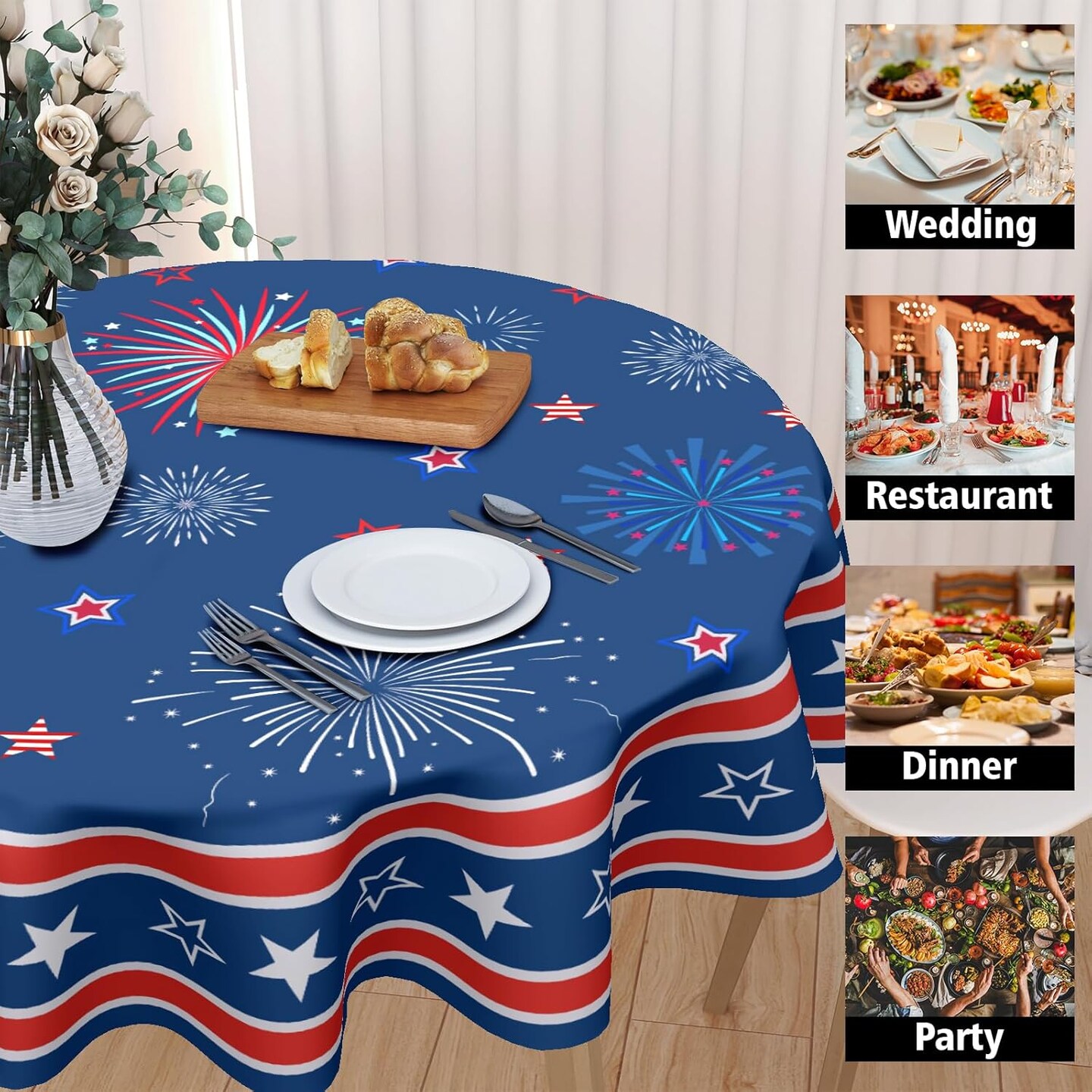4th of July Tablecloth Round Patriotic Star Celebration Firework Table Cloths Circular Independence Day Table Cover Waterproof Polyester Tabletop for Dining Kitchen Party Decor 60 Inch