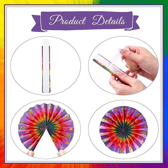 9 Pcs Tie Dye Party Supplies Groovy Hippie Hanging Paper Fans Classroom Decoration 60s Party Ceiling Wall Decor Fans Peace and Love Sign for Carnival Hippie Groovy Theme Birthday Ceiling