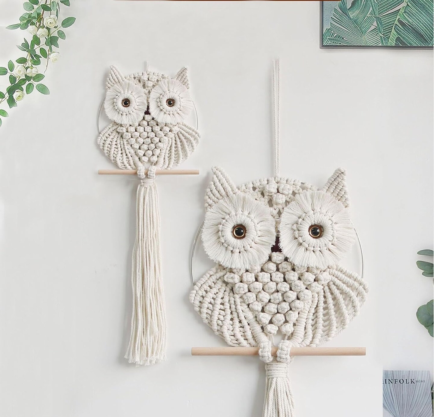 Owl Macrame Wall Hanging Hand-Woven Boho Tapestry, Owl-Themed Wall Decor for Bedroom, Living Room, or Nursery (Beige, Small)