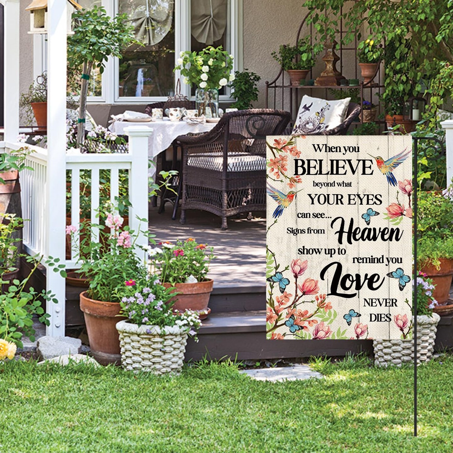 Hummingbird Memorial Garden Flag 12x18 Inch Double Sided Outside, Love Never Dies Memorial Day Gravesite Saying Spring Yard Outdoor Decoration