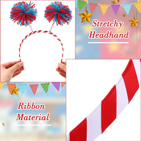 6 Pcs Pom Pom Headbands - 4th of July Head Boppers - Fluffy Ball Yarn Hairband - Party Hair Accessories for Women Girls - Patriotic Red White Blue