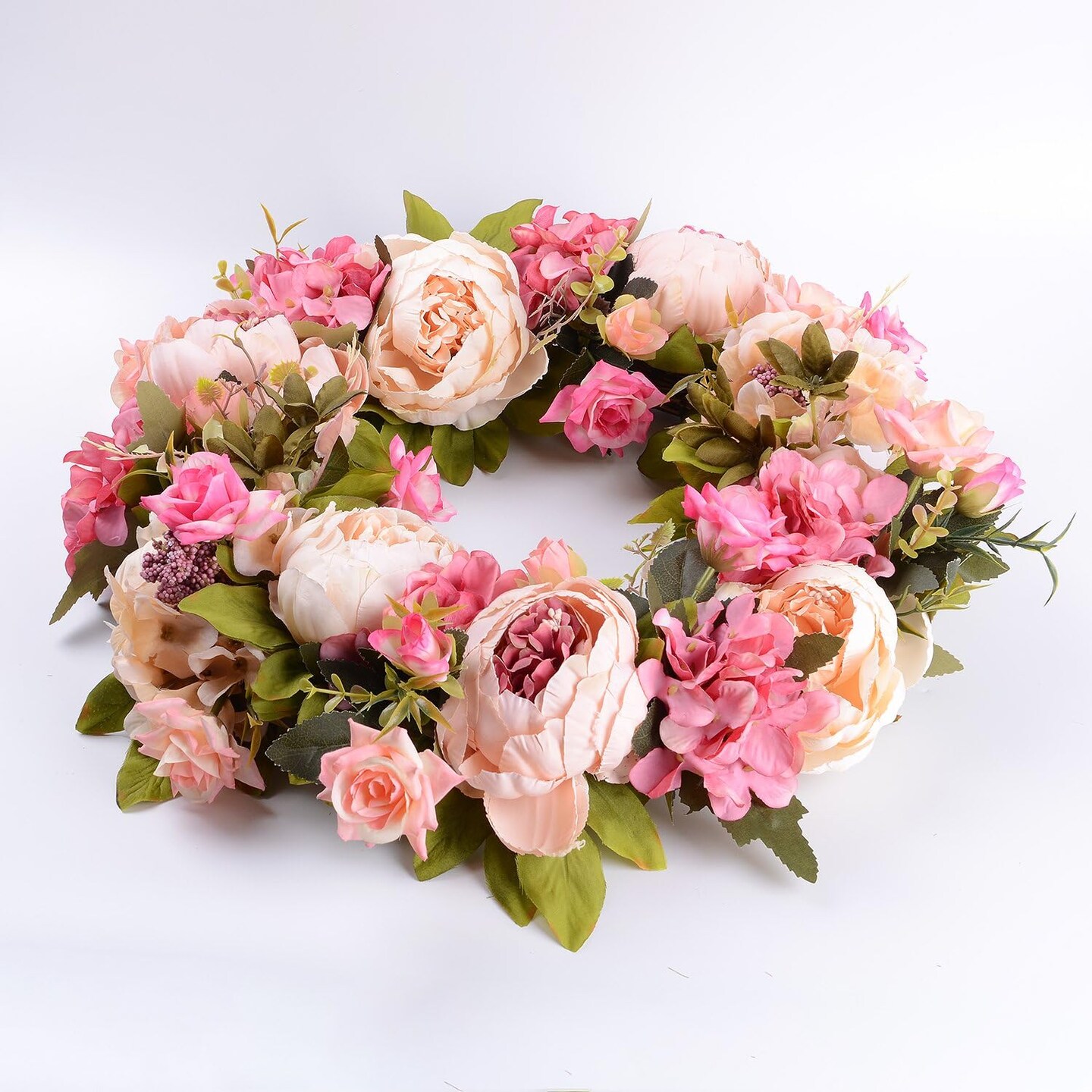 Artificial Peony Flower Wreath - 15&#x22; Pink Flower Door Wreath with Green Leaves for Spring